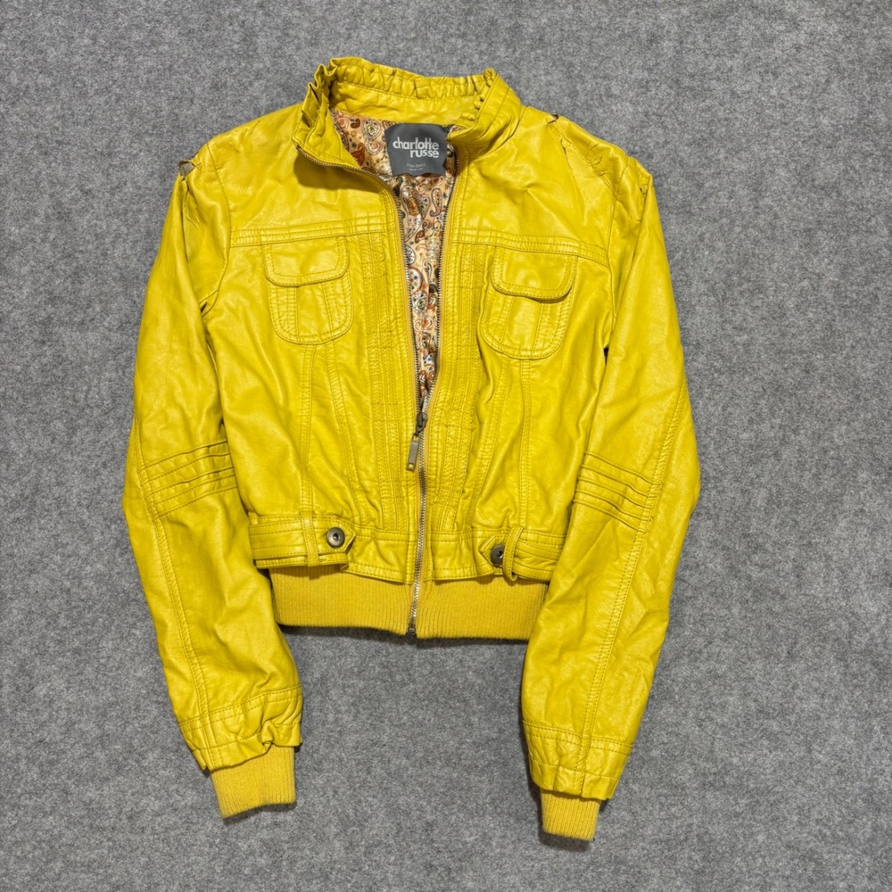Charlotte Russe Womens Yellow Faux Leather Bomber Jacket Paisley Lining XS